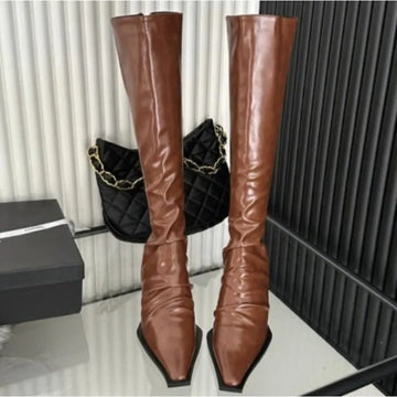 Xajzpa New Stretch Soft Leather Women Over the Knee High Boots Fashion Pointed Toe Shoes Autumn Winter Thick Heel Ladies Long Booties